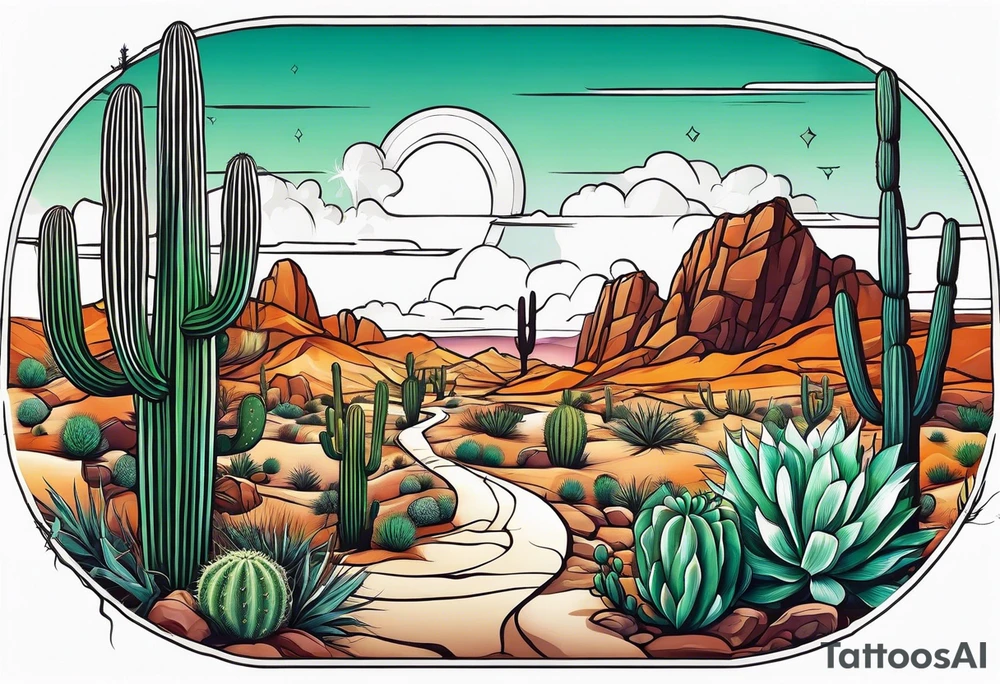 A dessert scenery with a cactus and tumble weeds tattoo idea