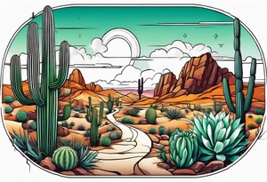 A dessert scenery with a cactus and tumble weeds tattoo idea
