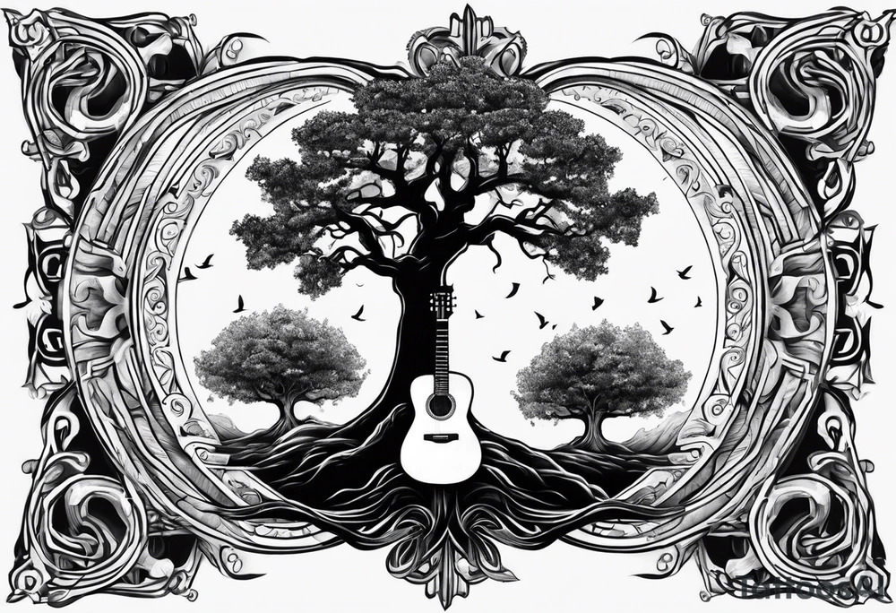 tree with guitar neck as trunk and roots are an anchor tattoo idea