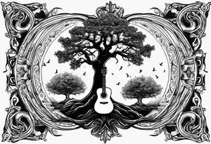 tree with guitar neck as trunk and roots are an anchor tattoo idea