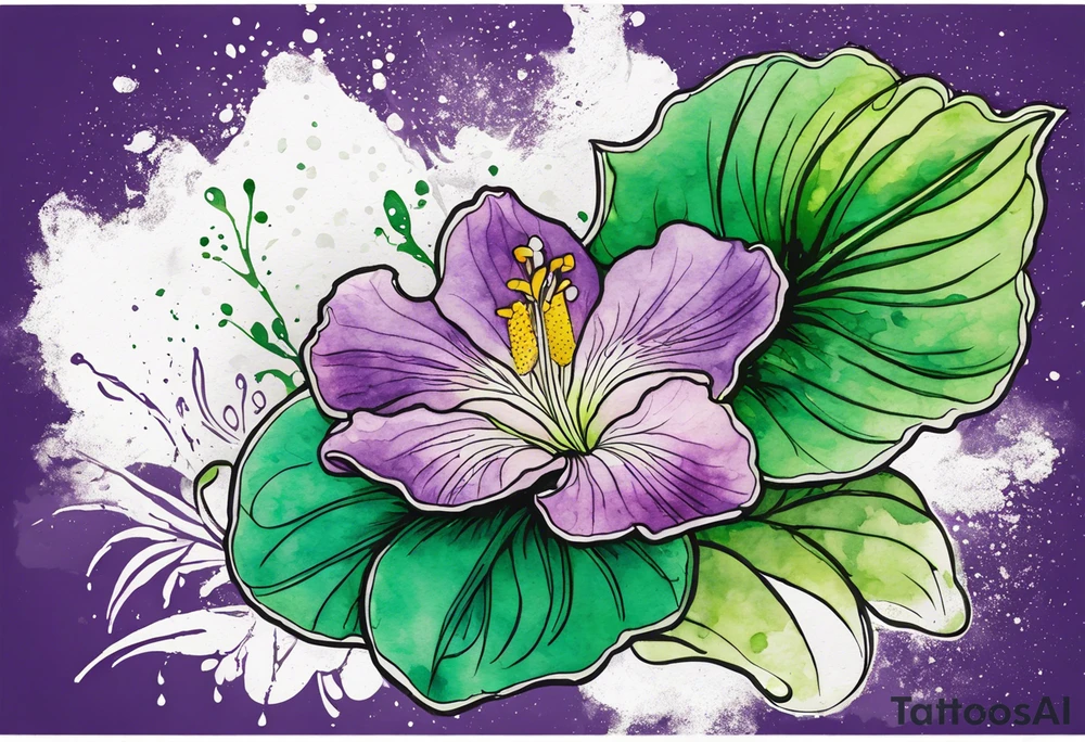 An outline of an only green rio dipladenia flower and a green and purple watercolor splash in the background tattoo idea