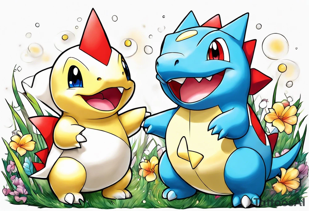 Togepi and totodile playing together in a field tattoo idea