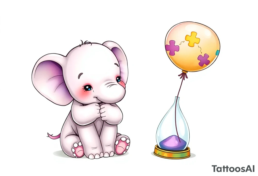 Baby elephant sitting next to an hour glass holding rainbow autism puzzle balloon tattoo idea