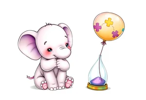 Baby elephant sitting next to an hour glass holding rainbow autism puzzle balloon tattoo idea