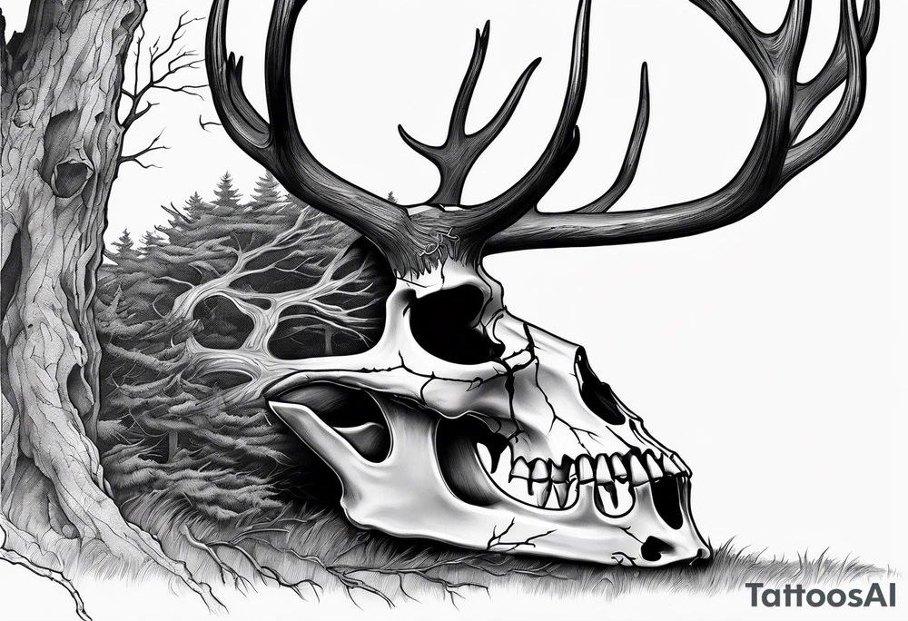 A side view of a decayed deer skull JUST BONE surrounded by trees and fire in background tattoo idea