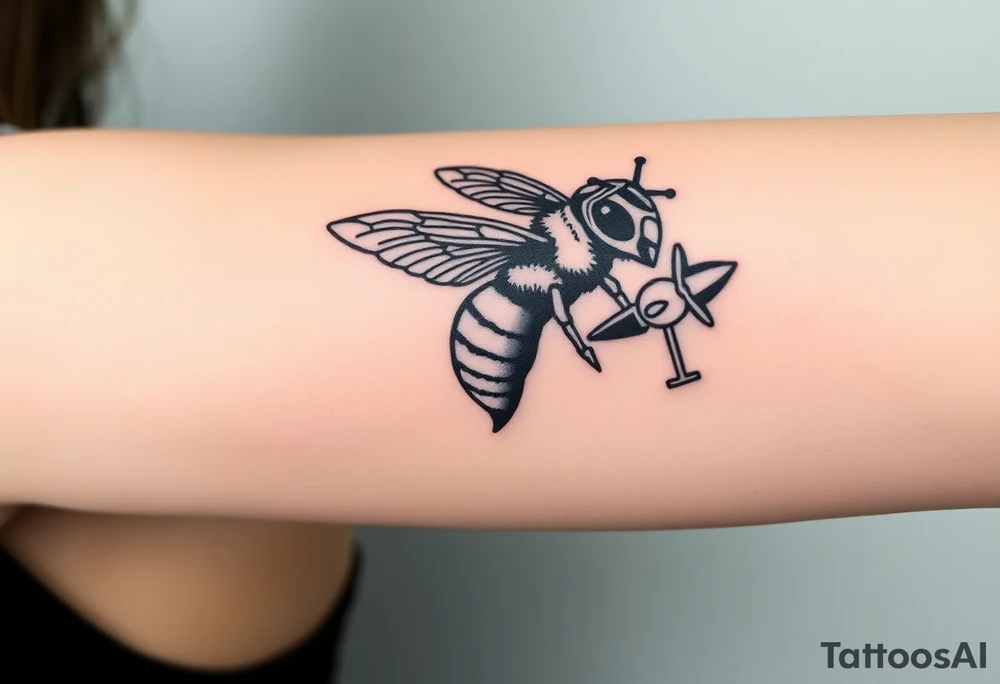 bee with a pilots hat flying next to a jet plane tattoo idea