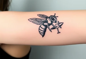 bee with a pilots hat flying next to a jet plane tattoo idea