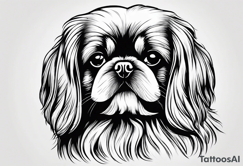 The most minimalist drawing of a pekingese with shih tzu dog's face. He has big eyes and a crooked smile. Do it like Picasso tattoo idea