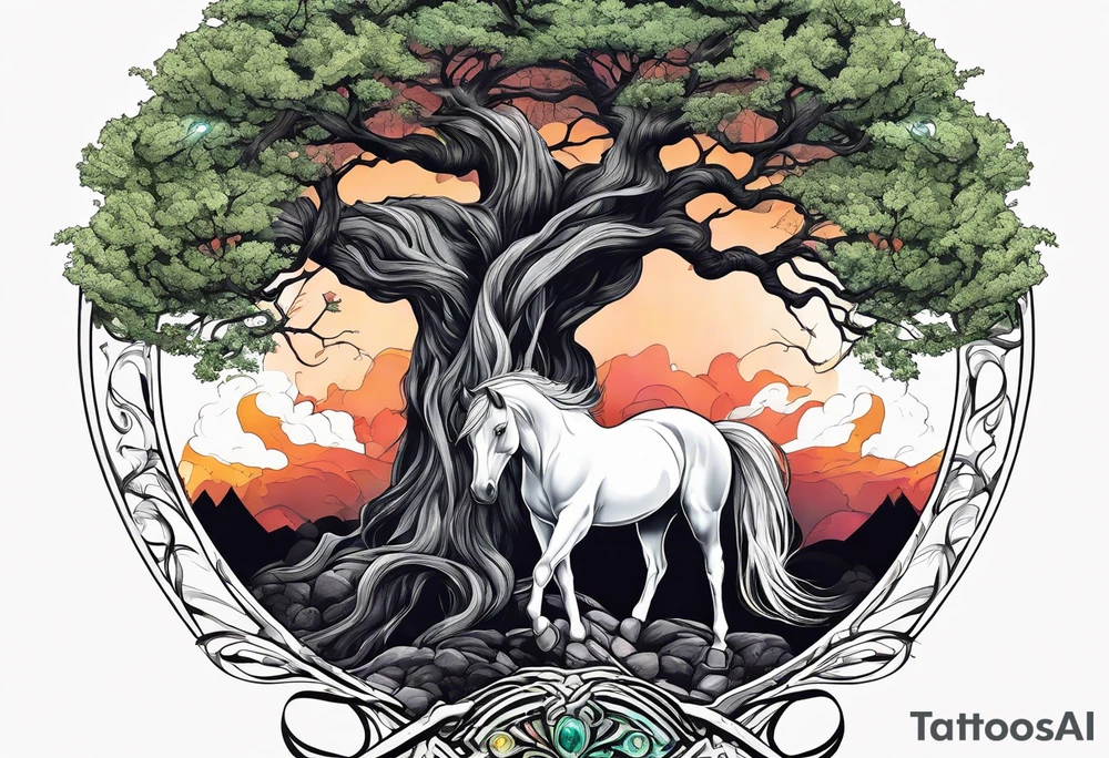 Realistic Horse and Yggdrasil tree tattoo idea