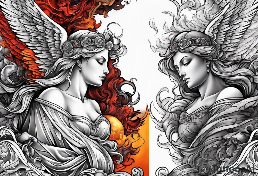 heaven and hell with angels and demons arm sleeve tattoo idea