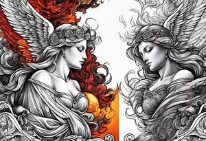 heaven and hell with angels and demons arm sleeve tattoo idea