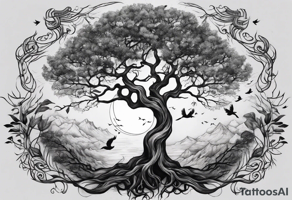 strong, poison tree, branches, roots, birds, tall, full moon tattoo idea