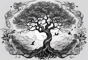 strong, poison tree, branches, roots, birds, tall, full moon tattoo idea