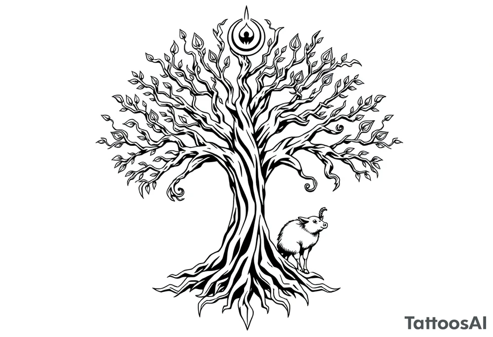 mystical tree of life with cosmic roots and celestial branches fat naked sexy woman , peacock , pig , cupcakes, liquor, cigerette, Storm clouds, pig, peacock , fat sexy naked fat woman, cupcakes, noose , money, goat lion, couple having sex, cigerette storm lightening, killing, darkness death, violent majestic creatures tattoo idea