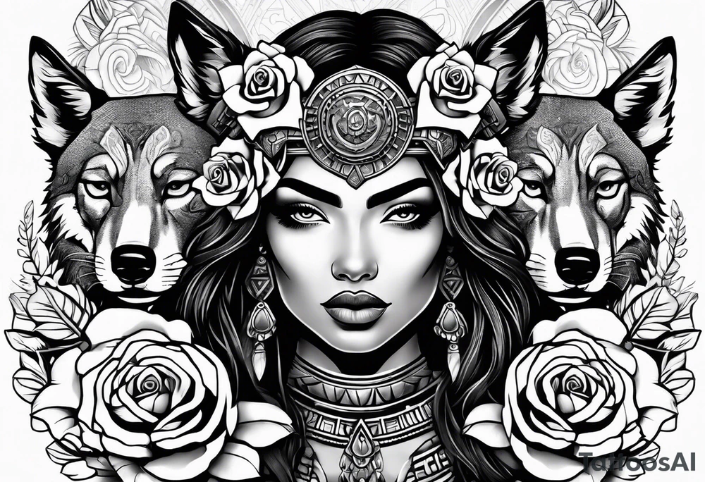 Armored Aztec woman woman with a wolf and a cored rose tattoo idea