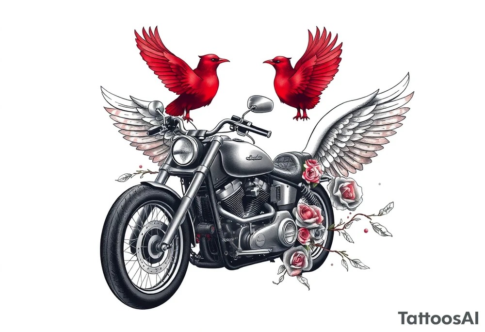 Harley grey motorcycle driving away, two red birds flying, roses, flames, angel wings tattoo idea