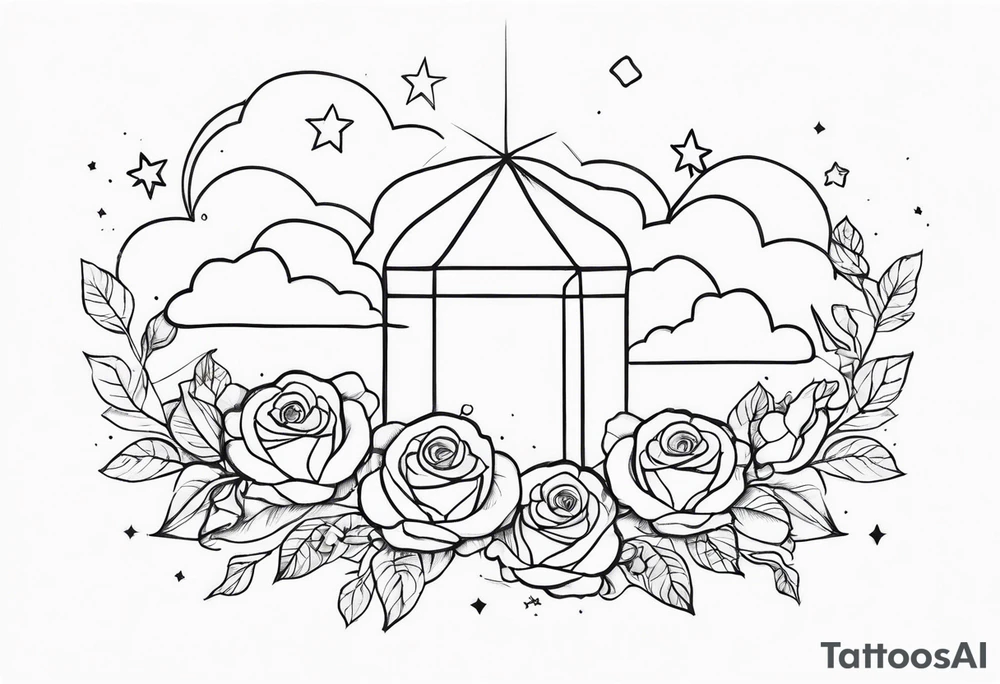 Clouds with tesseract inside and small roses and stars around it tattoo idea