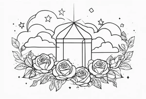 Clouds with tesseract inside and small roses and stars around it tattoo idea