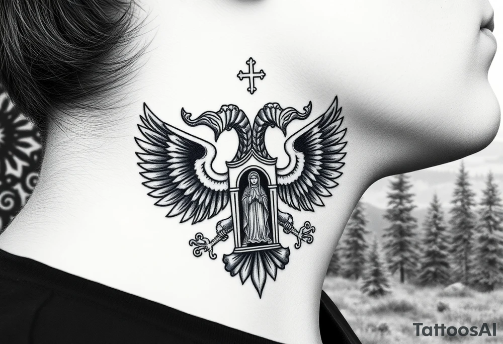 russian coat of arms double headed eagle traditional christian orthodox cross with a virgin mary stood in the entrance of a russian orthodox dome church on the side of the neck in a wilderness setting tattoo idea