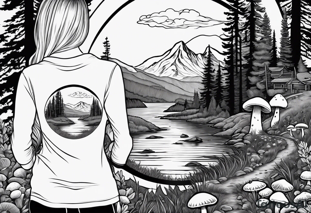 Whole picture encircled fully

Straight long blonde hair hippie girl in distance holding mushrooms in hand facing away toward mountains and creek surrounded by mushrooms long sleeve shirt and hiking pants; whole rendering within a full circle, no cut off circle tattoo idea
