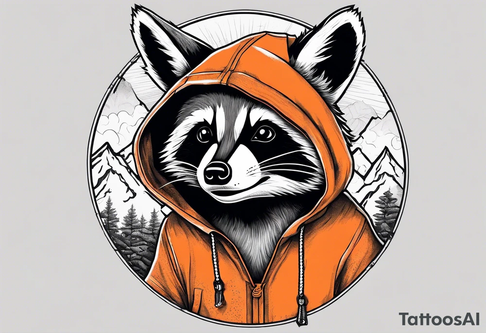 Raccoon wearing an orange Superman hoodie tattoo idea