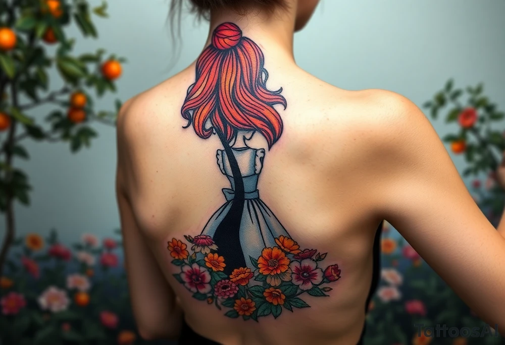 Alice's back silhouette entering a garden. There is a orange tree, and flowers there. tattoo idea