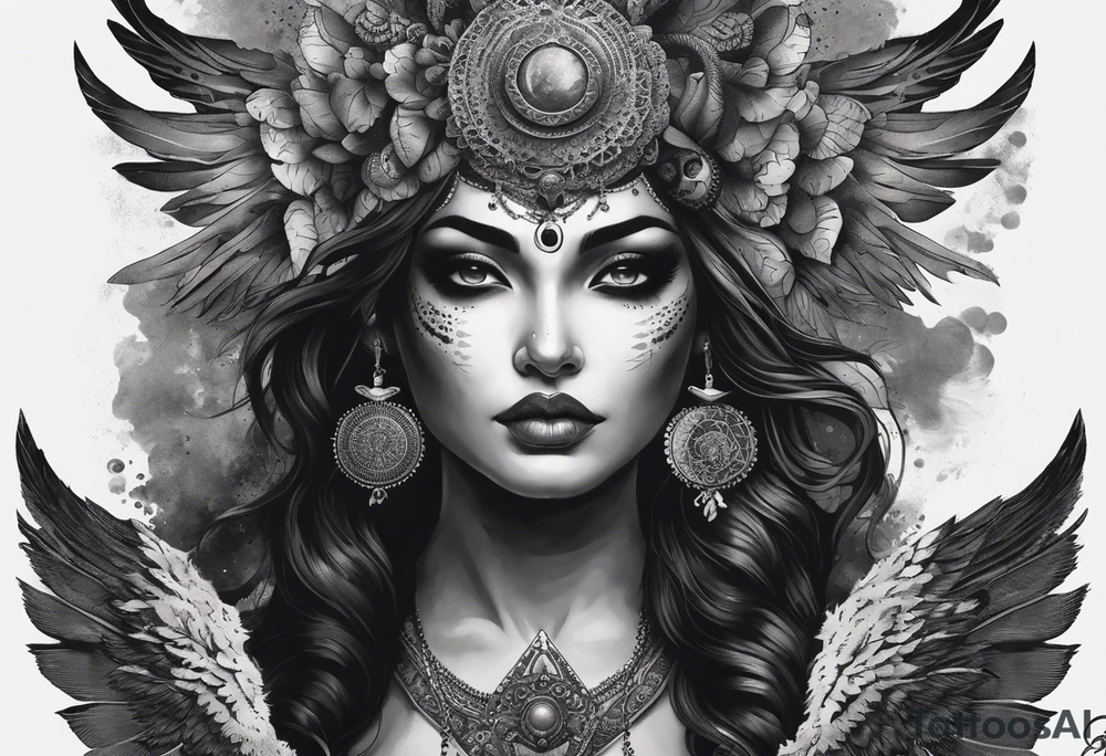 black kali, goddess pirate, alien, angel, pachamama, valkrye, warrior, flying, skull, lotus azul, wing, eagle, zenza resonance, stars, 5D, anahata chakra, death, durga, riding on a tiger, flying lady, kundalini, chest tatoo, samuri, rebel, serpent tattoo idea