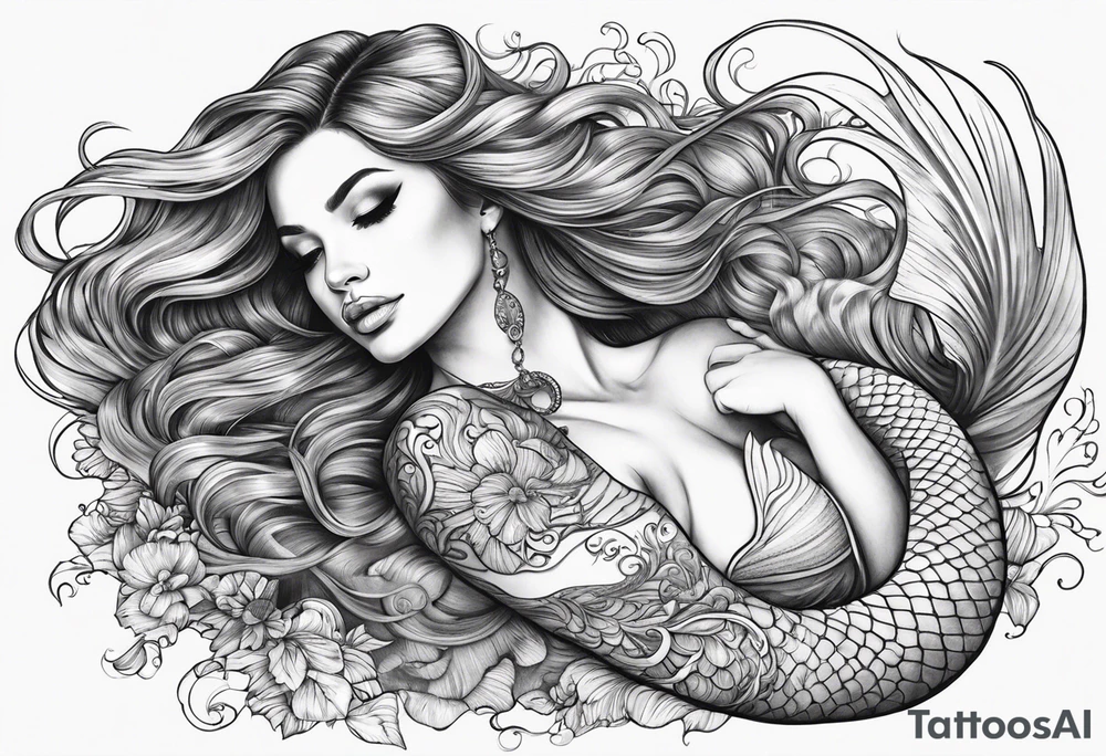full body mermaid lying on her back with flowing hair and fan tail tattoo idea