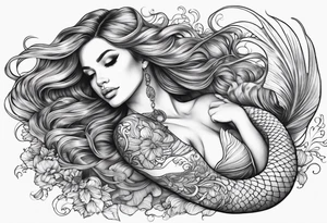 full body mermaid lying on her back with flowing hair and fan tail tattoo idea