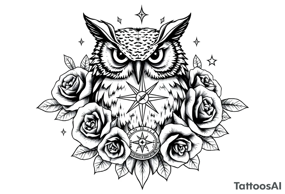 an owl,compass,roses,stars. tattoo idea