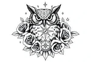 an owl,compass,roses,stars. tattoo idea