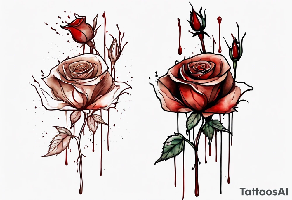 rose flower, one line, red blood dripping from the flower, tall, watercolor on brown skin tattoo idea