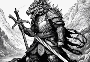 Helmeted Northern Warrior standing with sword held straight up and down and killing a dragon tattoo idea