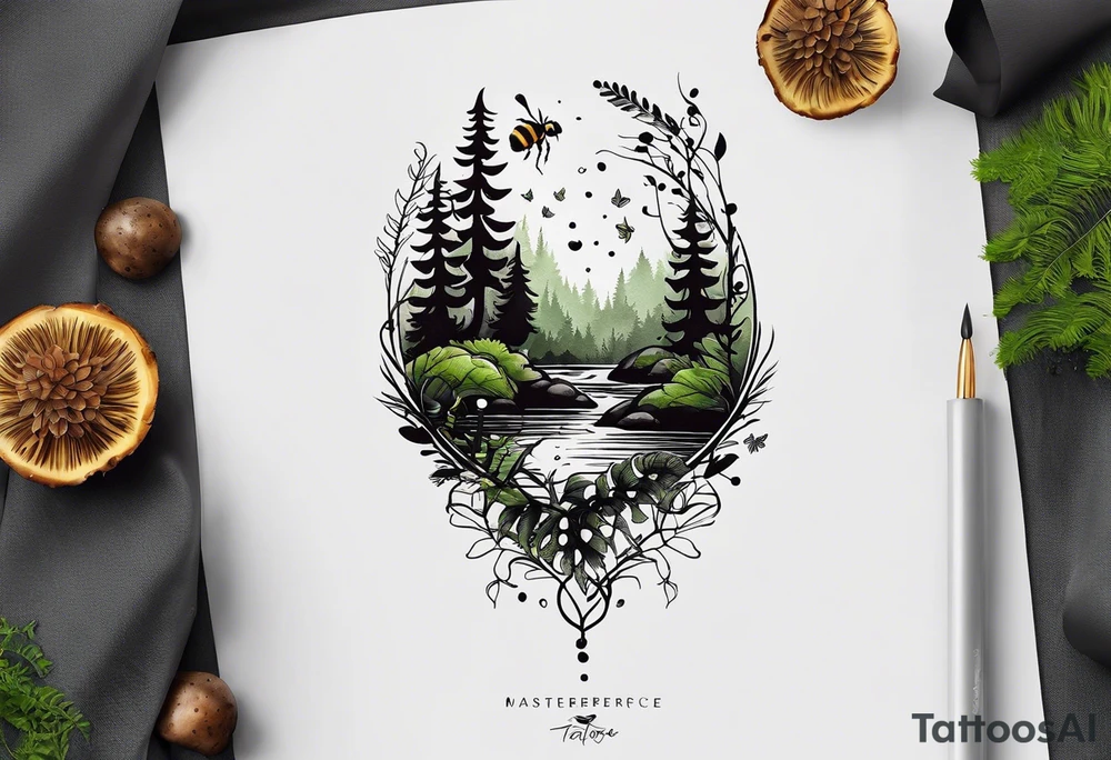 forest floor inspired minimalist tattoo, which includes grass, curly ferns, moss and dead leaves as the bulk of the tattoo. details to include: forest berries, a tiny bumblebee flying nearby, three small brown mushrooms
Generate a vertically long one tattoo idea