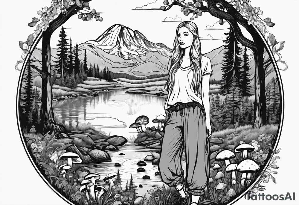Whole picture encircled fully

Straight long blonde hair hippie girl in distance holding mushrooms in hand facing away toward mountains and creek surrounded by mushrooms long sleeve shirt and hiking pants; whole rendering within a full circle, no cut off circle tattoo idea