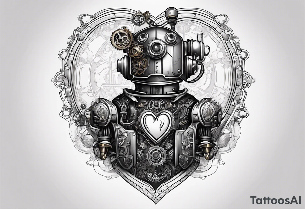steampunk robot with a real heart tattoo idea