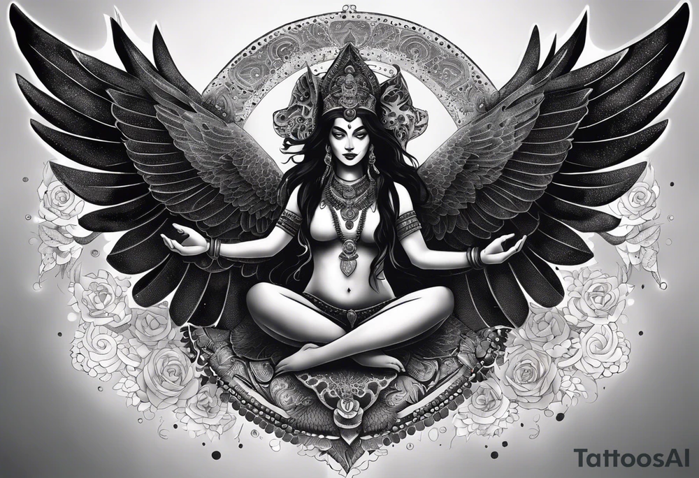 black kali, goddess pirate, alien, angel, pachamama, valkrye, warrior, flying, skull, lotus azul, wing, eagle, zenza resonance, stars, 5D, anahata chakra, death, durga, riding on a tiger, flying lady, kundalini, chest tatoo, samuri, rebel,serpent tattoo idea