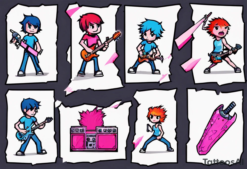 scott pilgrim, red guitar, pink glowing sword, ramona’s blue glowing hammer, knives chau, ramona flowers, video game, pixels tattoo idea