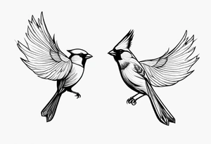 two cardinal birds flying 
fine line with some shading tattoo idea