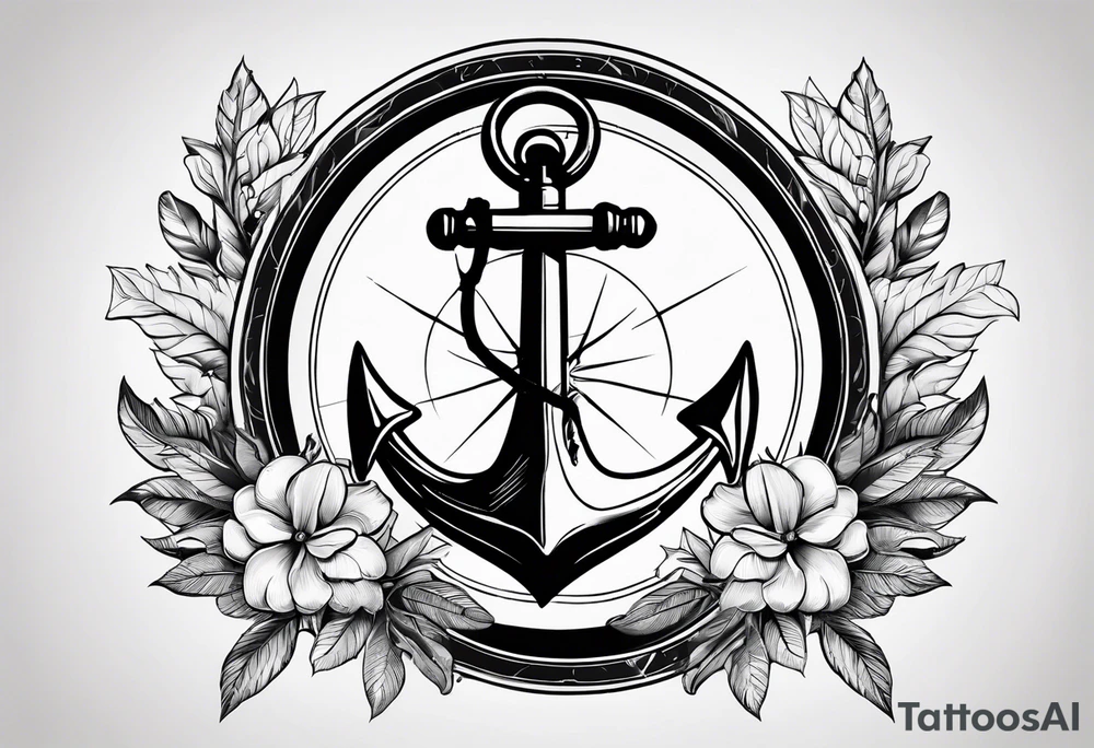 A selucid style anchor in front of a compass and a laurel wreathe wrapped around the compass tattoo idea