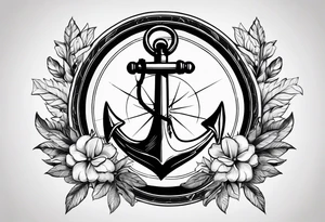 A selucid style anchor in front of a compass and a laurel wreathe wrapped around the compass tattoo idea