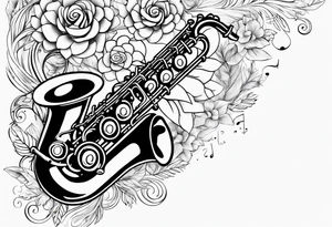 A saxaphone with flowers coming out of the hole (in the appearance of musical notes) tattoo idea