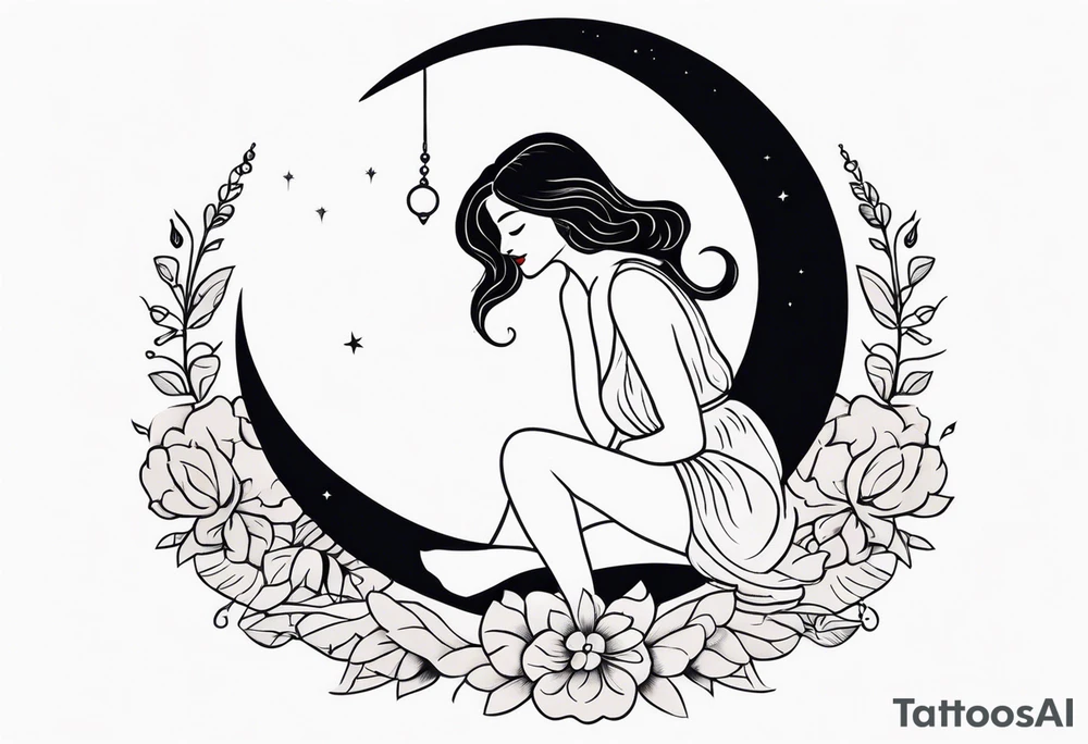 woman in dress with legs straddling a crescent moon tattoo idea