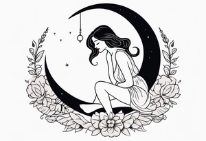 woman in dress with legs straddling a crescent moon tattoo idea