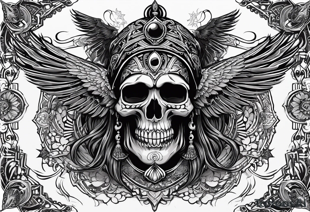 black kali, goddess pirate, alien, pachamama, valkrye, warrior, skull, lotus azul, wing, eagle, zenza resonance, stars, 5D tattoo idea