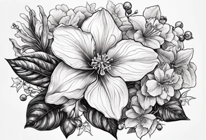 Hydrangea, Narcissus, Poinsettia, Holly, Gladiolus, Poppy, Daisy, Sweet Pea floral tattoo idea