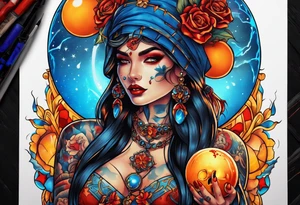 Bright bold Neo traditional tattoo woman with skulls and blood Holding a blue glowing sphere. Crosses for eyes. Orange, yellow, red, blue colors tattoo idea