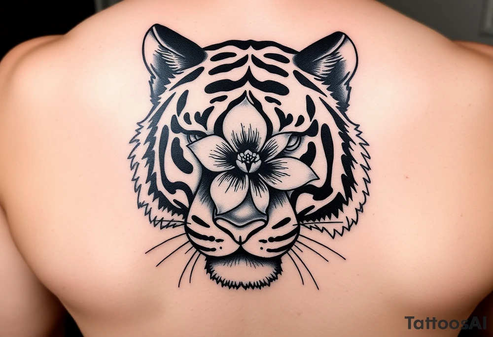 tiger with flower in pupil tattoo idea