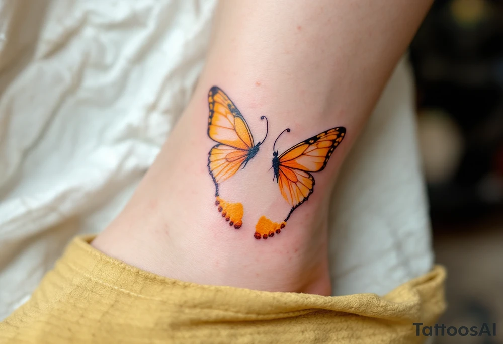 Bright yellow and pastel orange footprints of Tereza, gently paired with butterfly wings to capture her playful and free nature. tattoo idea