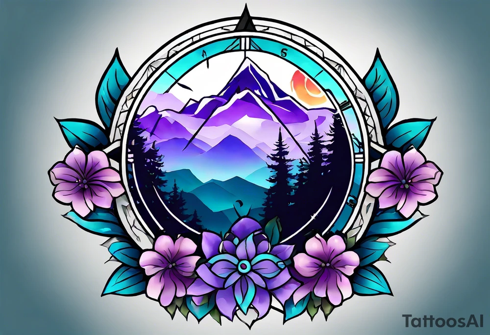 I’d like a half sleeve tattoo on my shoulder. It features a mountain range, with a compass rose rising up from behind the mountain like a sunrise. In front of the mountains, there are purple and teal flowers. tattoo idea